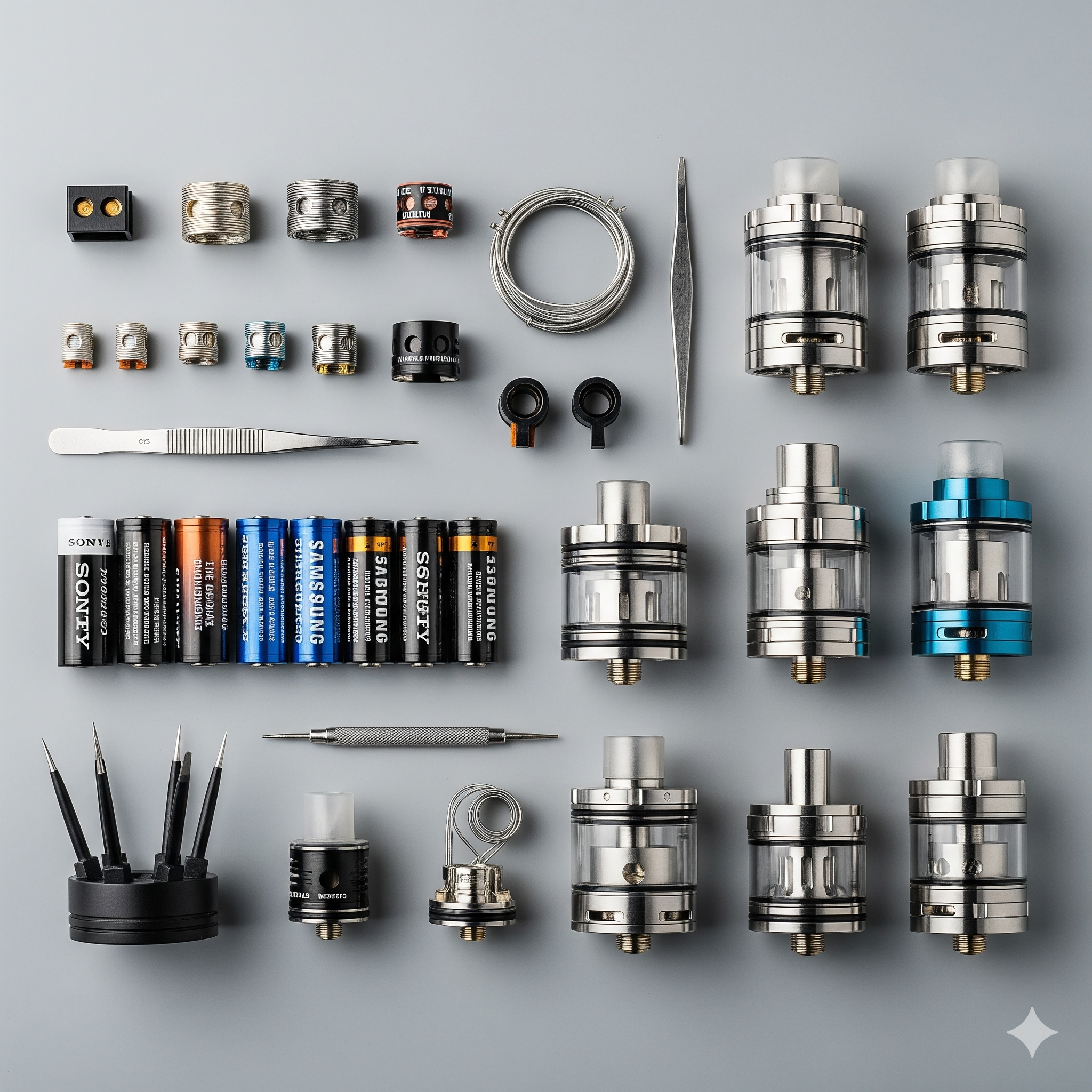Accesorios para vapers como baterías, resistencias y tanques